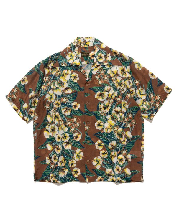 Silk Rayon Cotton-Flower WRANGLE Collar Aloha Brown Hot on Sale